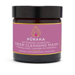 Pūraka Activated Charcoal Deep Cleansing Mask with Peppermint, Lavender and Camphor in amber glass jar, 60ml, organic naturopathic skincare