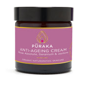 Pūraka Anti-Ageing Cream with Rose Absolute, Geranium and Jasmine in amber glass jar, 60ml, organic naturopathic skincare