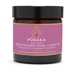 Pūraka Brightening Soothing Hand Cream with Peppermint, Lavender and Camphor in amber glass jar, 60ml, organic naturopathic skincare
