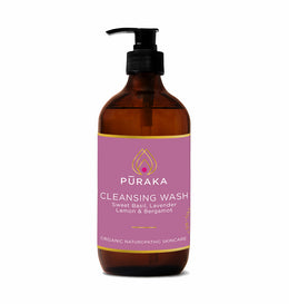 Pūraka Cleansing Wash with Sweet Basil, Lavender, Lemon and Bergamot in amber glass pump bottle, 100ml, organic naturopathic skincare