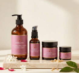 Pūraka Complete Ritual set — Cleansing Wash, Super Serum, Active Day Cream, Eye Cream on marble